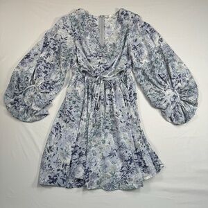 Limelush Bubble Sleeve Floral Mini Dress Womens Size L Blue White V Neck Cut Out